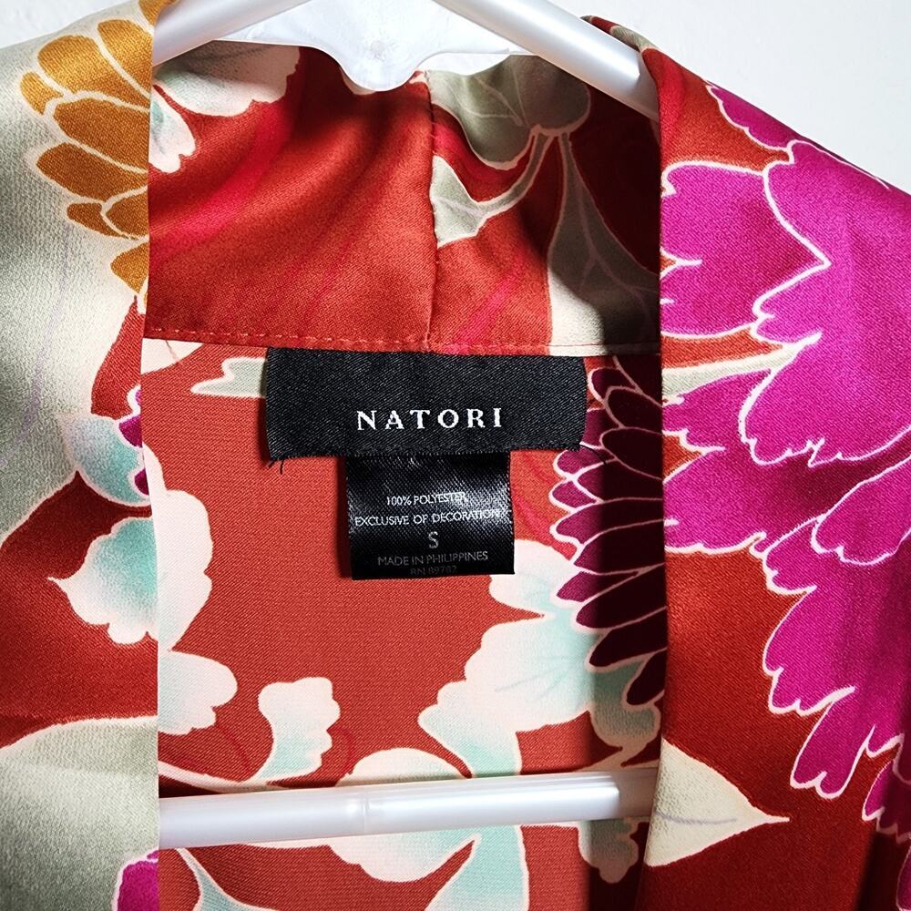 Natori Auburn Floral Robe Satin Red Orange Print Pockets Tie Waist Kimono Size S - Picture 4 of 8